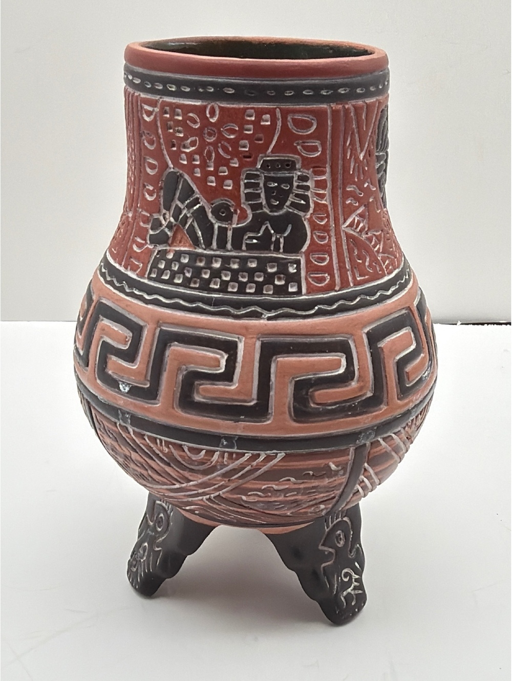 Mexican Handcrafted Terracotta Tripod Vase with Indigenous Motifs